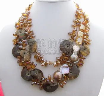 

N021207 18" 3Strands Keshi Pearl Turritella Snail Crystal Necklace
