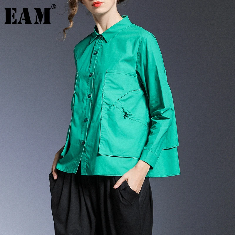 

[EAM] Women Big Pocket Ruffles Big Size Blouse New Lapel Long Sleeve Loose Fit Shirt Fashion Tide Spring Autumn 2020 1R881