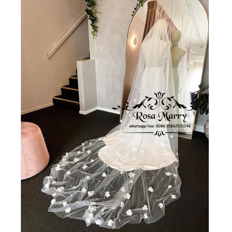 

New 3D Flowers Wedding Veils Face Covering 2021 3M White Tulle Head Accessories for Women Wedding belos de novia