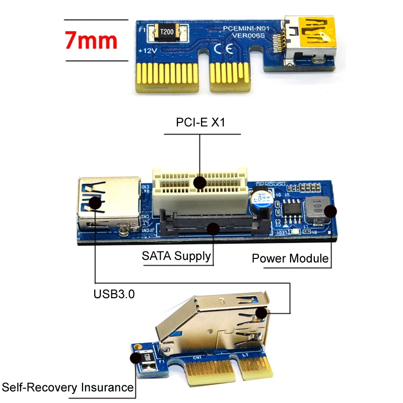 PCI-E X1 удлинитель PCI Express USB 3,0 адаптер Raiser PCIE 1X Riser Card USB 3,0 PCI-E SATA PCI E Riser PCI Express X1 в X1 слот