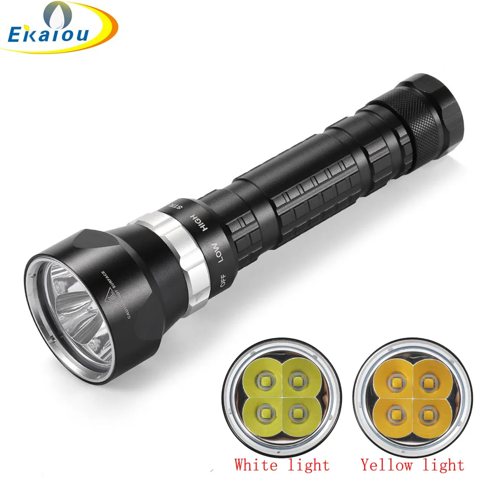 Powerful 4xXHP50 LED Yellow/White Light 6000 Lumens Diving Flashlight 26650 dive Torch 100M Underwater waterproof diving lamp