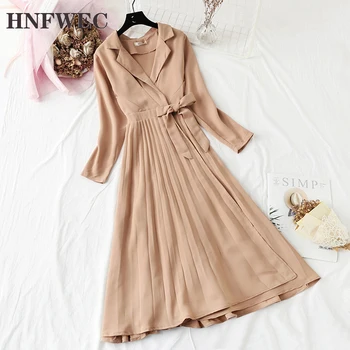 

Fashion Dress Women Spring and Autumn 2020 New Solid Color Temperament Ladies Dress Long Sleeve Pleated Dress V960