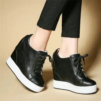 

Lace Up Punk Trainers Women Genuine Leather Wedges High Heel Platform Pumps Shoes Female Round Toe Fashion Sneakers Casual Shoes