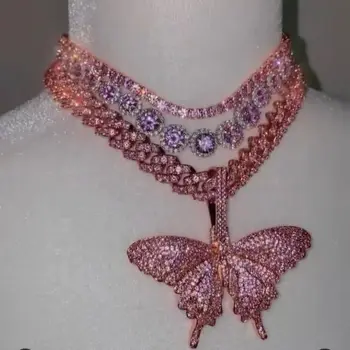 

2020 Pink pinky girl lady luxury fashion jewelry full iced out pink cubic zirconia butterfly cuban necklace 16" 18"