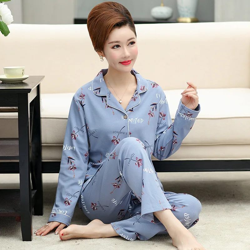 

Pajamas Women's Spring And Autumn Long Sleeve Cotton Middle Aged And Elderly People Fold-down Collar Home Wear Large Size Women'