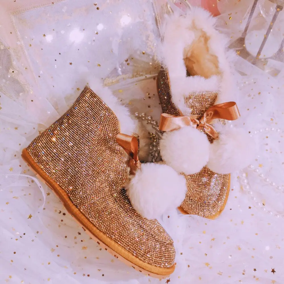 

Fashion Real Fur Winter Shoes Woman Warm Snow Boots Outdoor Waterproof Crystal Rhinestone Ankle Boots for Women Bottes Femme