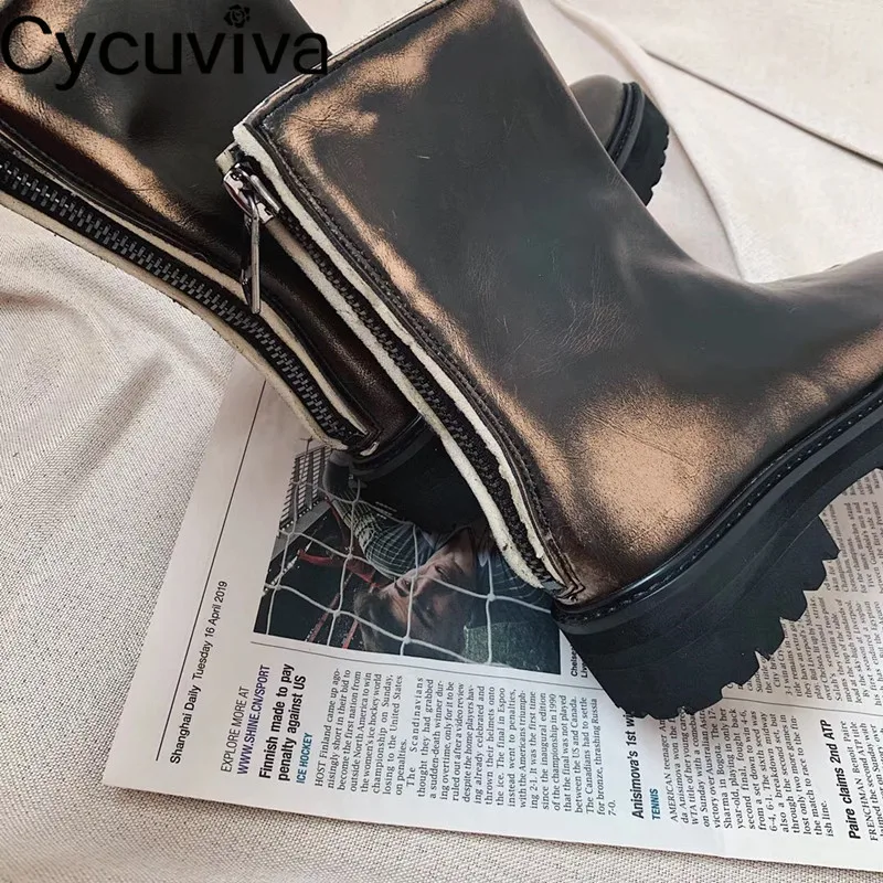 Лидер продаж; ботильоны с разрезом бронзового цвета в старом стиле; женские полусапожки из натуральной кожи на плоской подошве; коллекция года; Новое поступление; обувь для подиума с молнией сзади; сезон осень