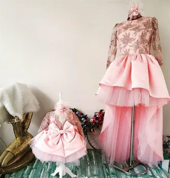 

New High Low Pink Mother daughter matching dresses Lace Beads Children Birthday Dress Mummy Kid Gown for Special Occasion