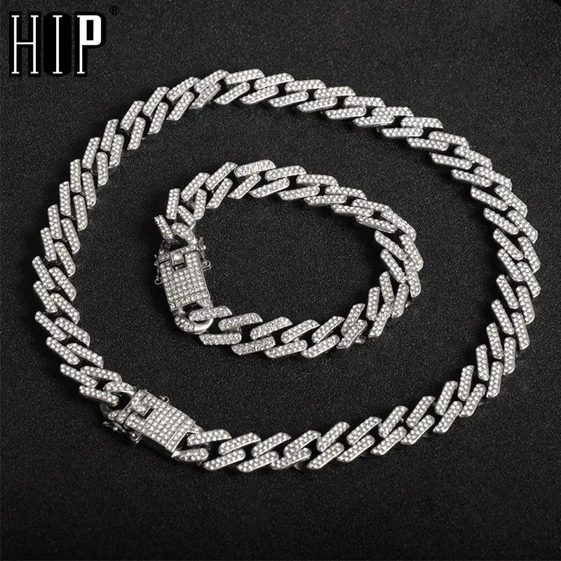 

Hip Hop 1Set 13MM Bling Iced Out Miami Zircon Cuban Full Pave Rhinestone Men's Bracelet Necklace Gold Silver For Men Jewelry