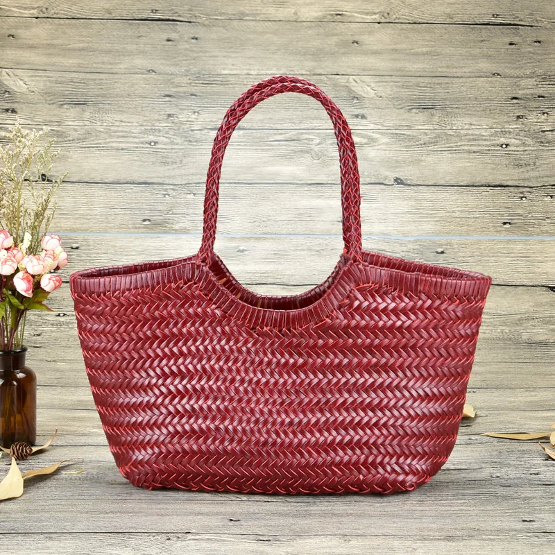 Hand Knitted Designer Genuine Leather Elegant ​Handle Female Totes Vintage Women's Handbag Cowskin Lady Large Shoulder Bag 3