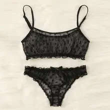 Женский комплект нижнего белья, сексуальный комплект с бюстгальтером, однотонный сетчатый бюстгальтер в горошек, с бантом, Ночное нижнее белье, черный комплект нижнего белья, нижнее белье#2S06
