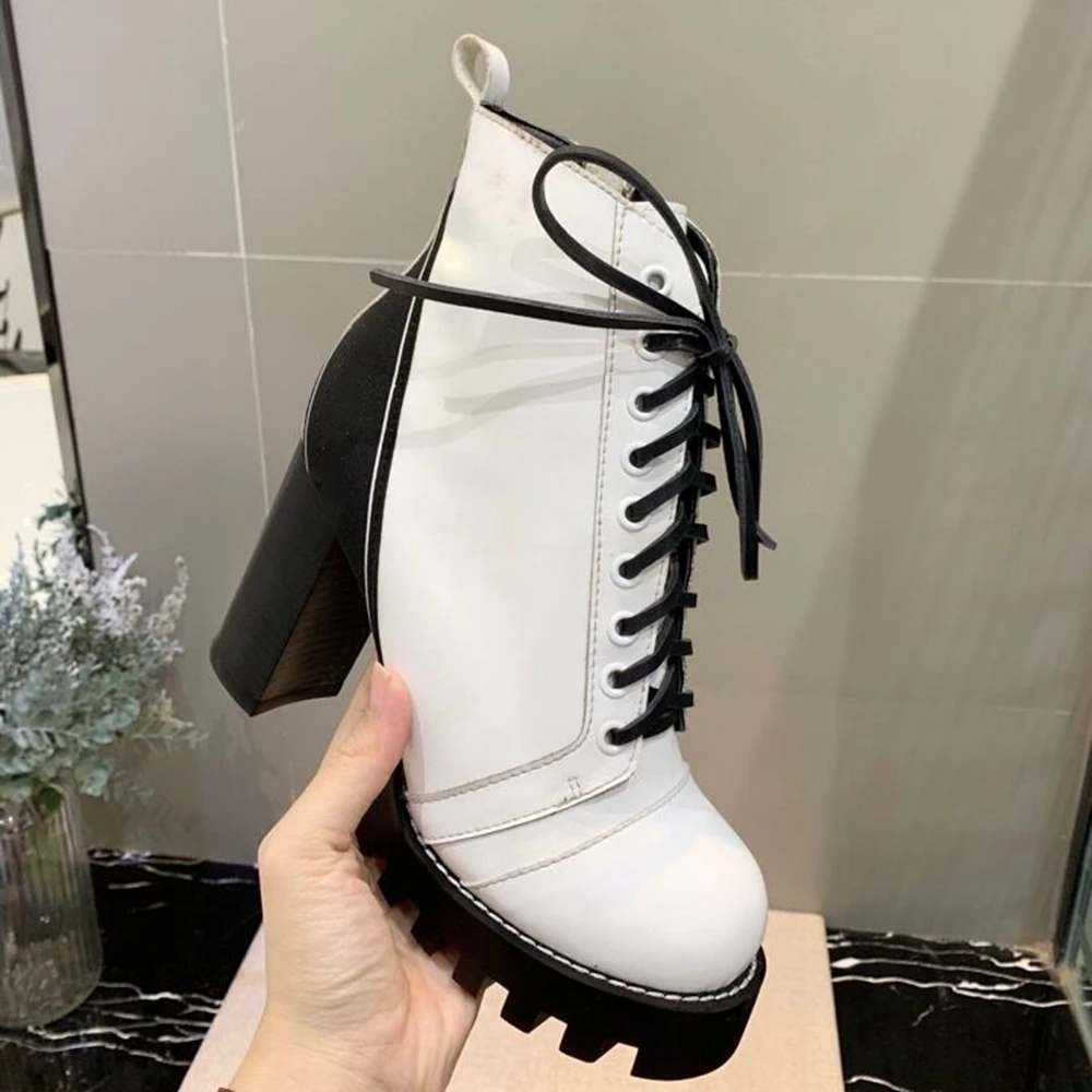 

Junetxin New Fashion Genuine Leather Lace-up Ankle Boots Round Toe Platform High Heels Square Heel Boots High Quality Size 35-42