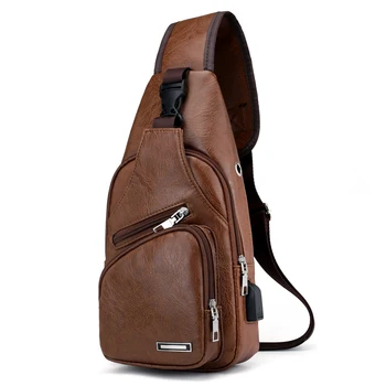 

Mini USB Interface Plenty of Space Mens Casual Bag Fashion Outdoor Sling Bag Travel Day Pack PU Leather Chest Bag Crossbody Bag