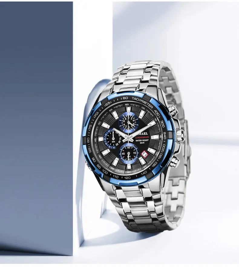 SMAEL новые мужские s часы мужские модные топ брендовые Роскошные из нержавеющей стали Синие кварцевые часы мужские спортивные водонепроницаемые с датой часы Relojes