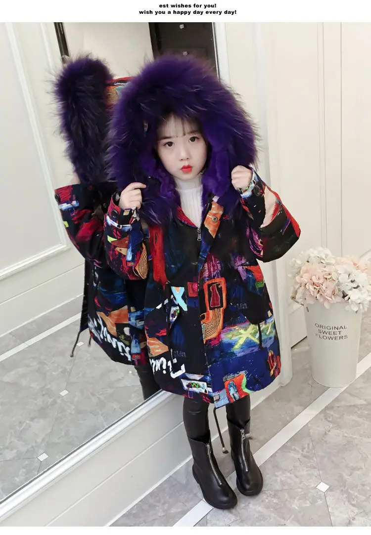 Fashion Children Winter down cotton Jacket Girl clothes Kids Warm Thick fur clothing Hooded long Coat For Teenage 4Y-13Y