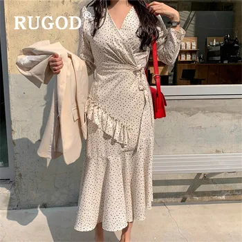 

RUGOD 2020 New Fashion Spring Women Dress Temperament V-neck Polk Dot High Waist Long Sleeved Ruffles Dresses Elegant Female