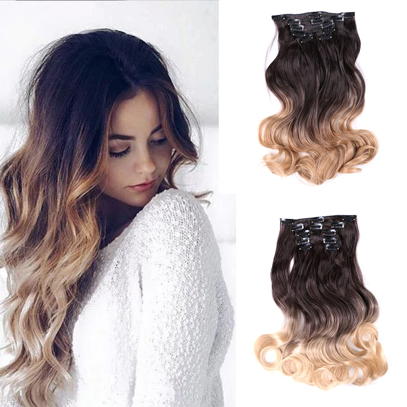 

Long Ombre Clip In Hair Extensions Curly Blonde Clip On Hair Pieces Long Straight Synthetic Fake Hairpieces For Women Msglamor
