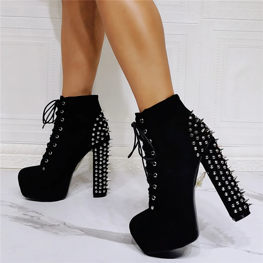 Kolnoo New Elegant Handmade Women Chunky Heels Boots Rivets Spikes Sexy Platform Party Prom Ankle Boots Evening Fashion Shoes