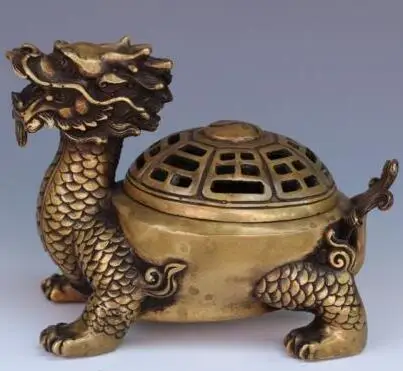 

Exquisite Old Chinese Hand-carved Dragon Turtle Brass Incense Burner Censer Statue