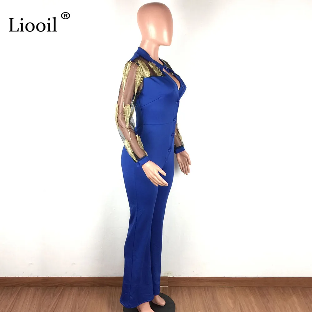 Liooil прозрачный сетчатый, с перьями Облегающий комбинезон Для женщин сексуальные Клубные длинный рукав; пуговицы со шнуровкой вечерние клеш комбинезон Плотный Комбинезон