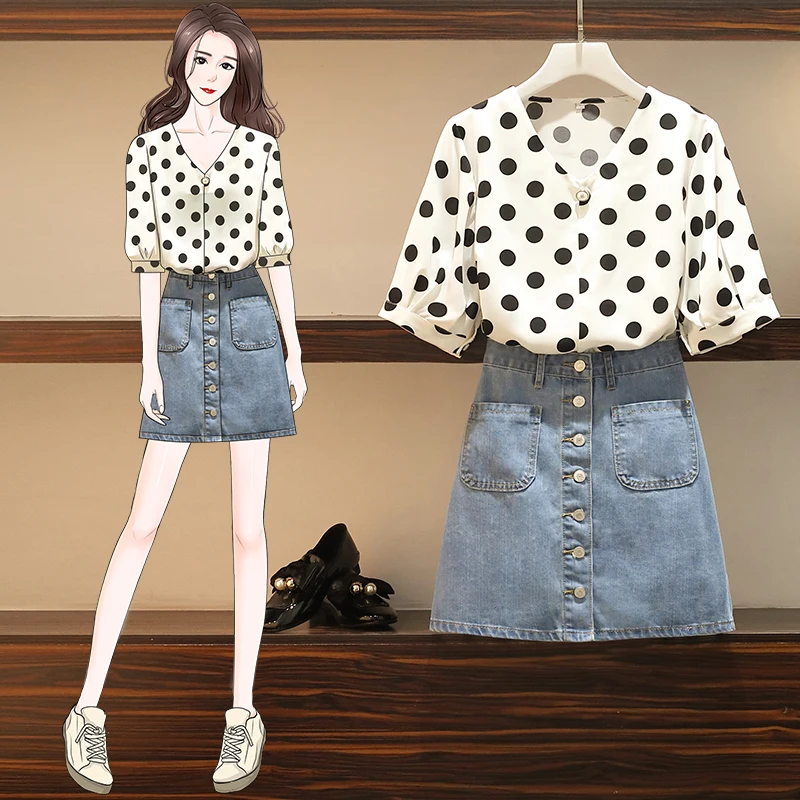 new short-sleeved summer wave point v-neck chiffon top size L -4XL skirt tall waist jeans A word suit b |