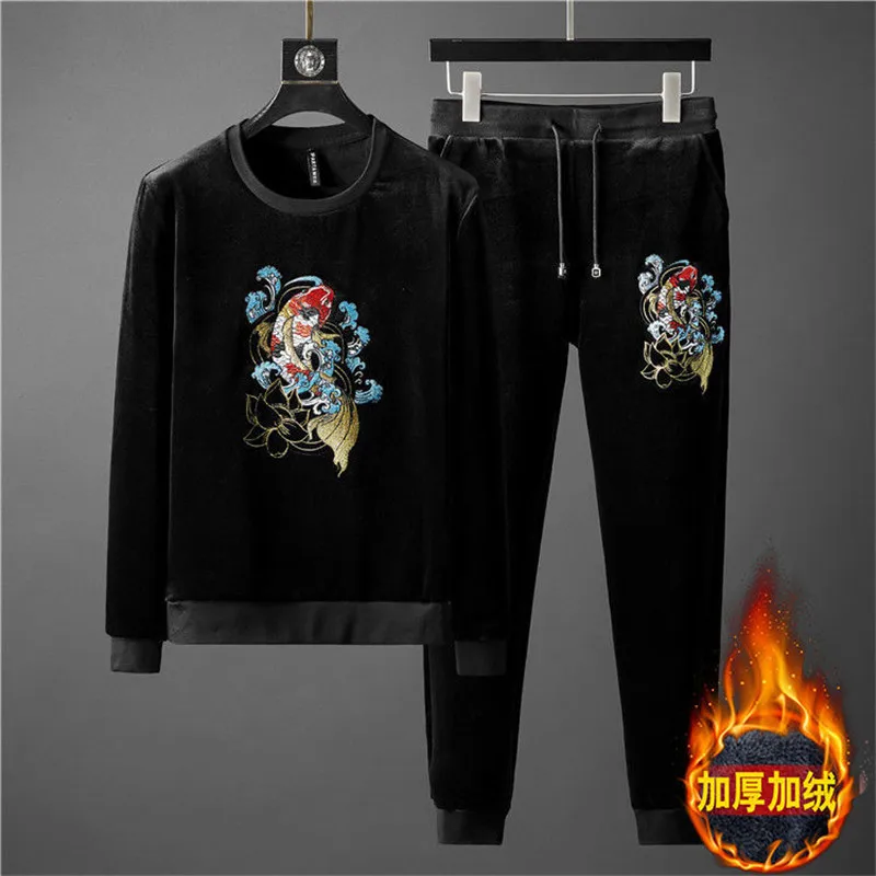 

Chinese style carp embroidered casual wear winter men's loose large size shirt pants two-piece high-end atmosphere men's suit