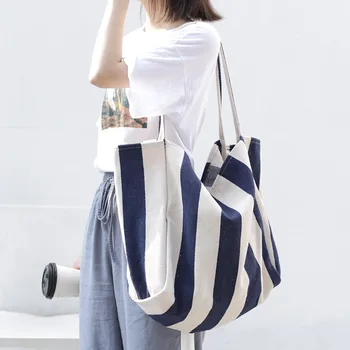 

2020 Women Large Striped Canvas Tote Bag Summer Beach Classical Fabric Soft Lady Girls Handbag Female Big Casual Top-handle Bags