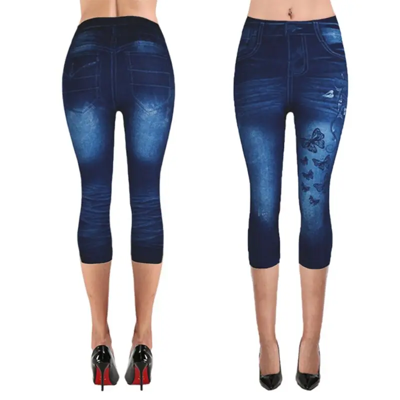 Женские джинсы размера плюс, подделка, Капри, Ретро стиль, цвет, Бабочка, деним, принт, высокая талия, укороченные эластичные колготки, XS-3XL