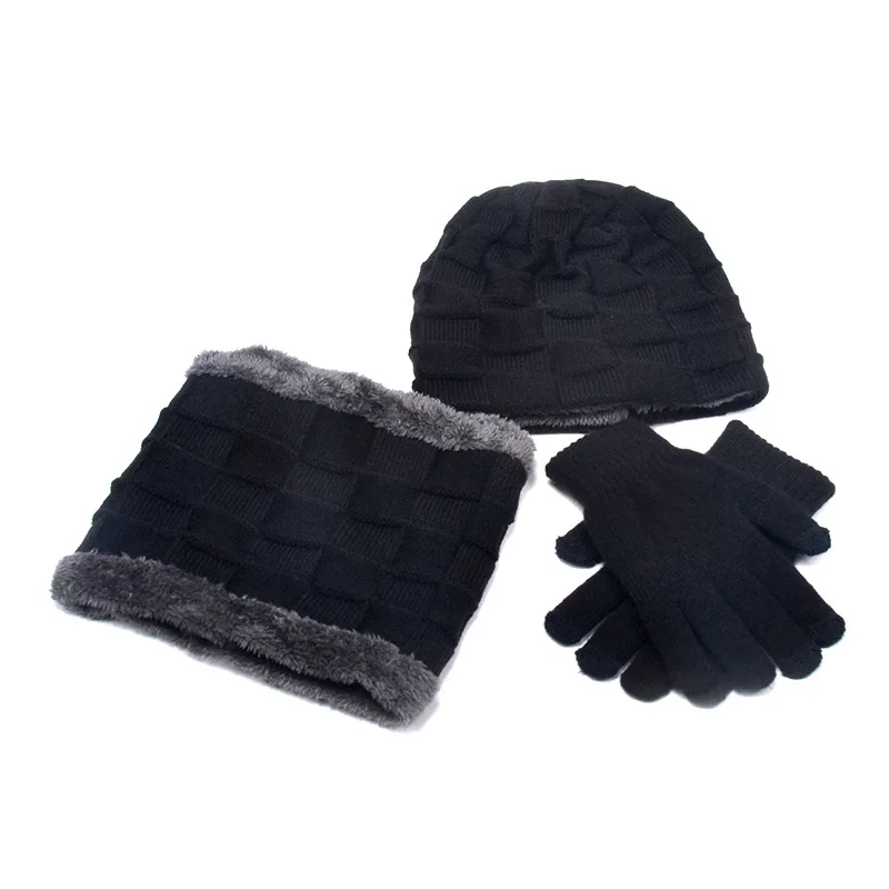Комплект зимней шапки для мужчин, мужская бархатная вязаная уличная шапка, шарф, перчатки, комплект из трех предметов, Шапка-бини для мужчин и женщин, лыжная шапка и шарф - Цвет: set 3 black