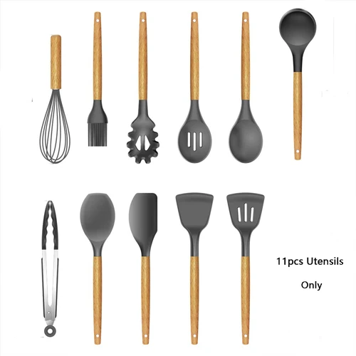 11 pcs Utensils HIKUUI Набор посуды набор кухонной посуды из пищевого силикона с деревянной ручкой кухонные инструменты лопатка Тернер ковш кухонные принадлежности - Цвет: 11 pcs Utensils