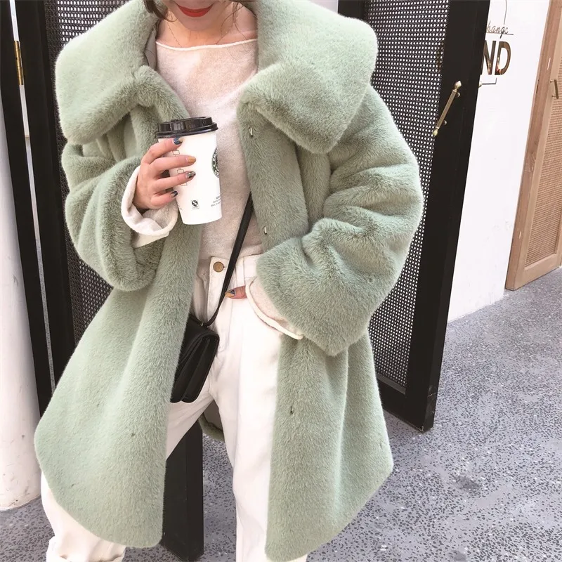 Winter Women Fashion Korean Vintage Lapel Thickened Imitation Mink Fluffy Loose Casual Coat Oversized Chunky Outerwear Overcoat