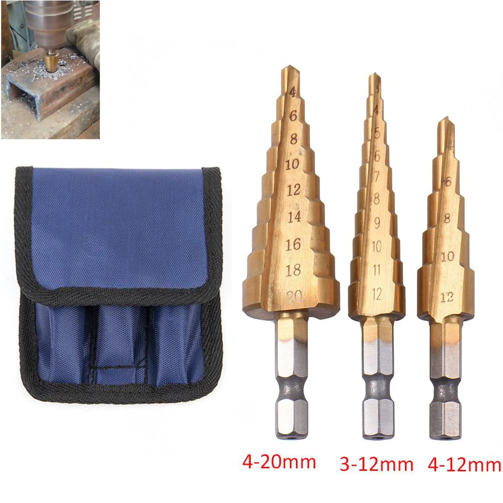 

3pcs HSS Titanium Coated Step Drill Bit 4-12 4-20 3-12 Drilling Power Tools Metal High Speed Steel Wood Hole Cutter Cone Drill