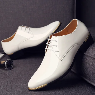 Новые Брендовые мужские черные свадебные туфли из лакированной кожи классические туфли-оксфорды мужские модельные туфли с острым носком размеры 38-48 - Цвет: Белый