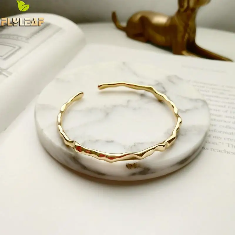 Flyleaf Irregular Surface Gold Real 925 Sterling Silver Open Bracelets For Women Fashion Fine Jewelry Cuff Bracelets& Bangles