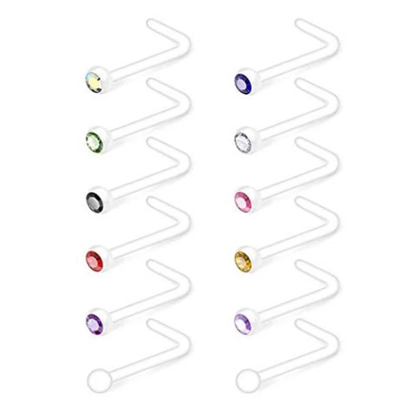 

JFORYOU12pcs20G Clear Nose Ring with CZ, Flexible Acrylic Shape Nose Stud Retainer for Nose Piercing, Nontoxic Plastic Piercing
