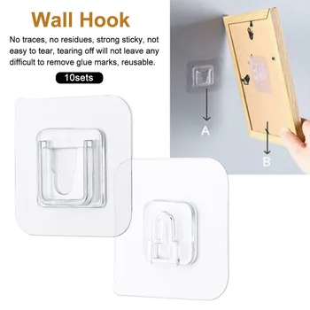 

10sets Kitchen Bathroom Hanging Wall Hooks Organizer Transparent Stick On Multipurpose Reusable Practical Double Sided Seamless