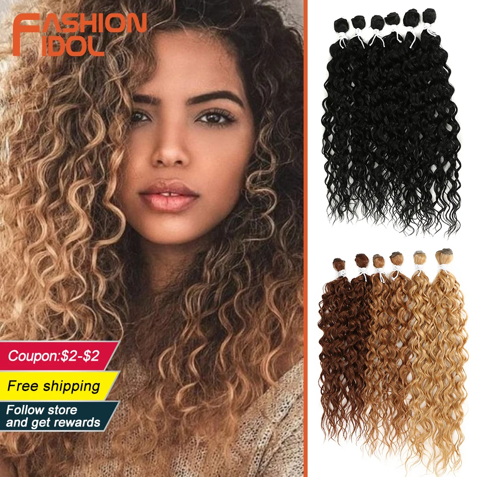 FASHION IDOL Synthetic Hair Extensions Afro Kinky Curly Hair Bundles Ombre Blonde 24-28inch 6 Pcs Heat Resistant For Black Women