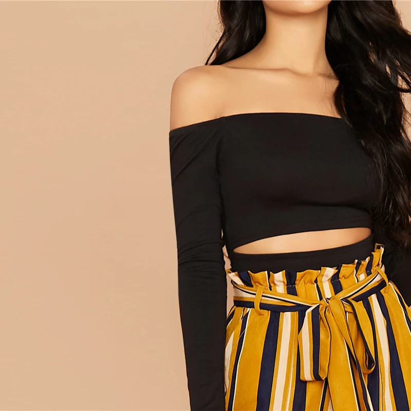 Dotfashion, Черный Повседневный Топ с открытыми плечами и штаны, набор для женщин, весна, бумажный мешок, талия, в полоску, с принтом, брюки, 2 шт, наборы
