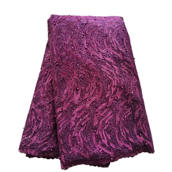 

Latest Magenta Purple Lace Fabric with Beads Beautiful African High Quality Mesh Laces for Party Nigerian Laces