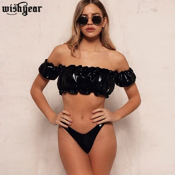 

Black Bright Pu Leather Bikini Set Off Shoulder Short Sleeve Swimsuit Female Swimwear Women Two-piece Bikini Sets Bather Bathing