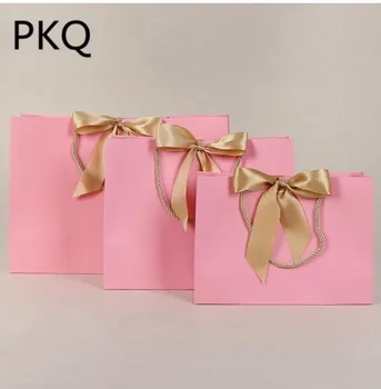 

10pcs ribbon Gift Box Packaging Handle Paper Gift Bags Kraft Paper bag With Handles Wedding Baby Shower Birthday Party gift bags
