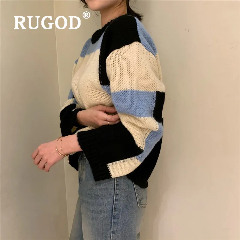 RUGOD, Новое поступление, теплый свитер для женщин, мохер, круглый вырез, разноцветный, пэчворк, узор, свободный, вязаный свитер, пуловер, Модный женский топ