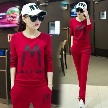 

Qiu Xian Slender Sleeve Running Clothing Two-piece Set Pure Cotton Sports Suit Female