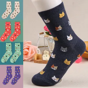

Fashion Warm Women Lovely Cute Cat Print Socks Animal Cartoon Cotton Socks 5 Colors 1 Pair Outfit Spring Fall