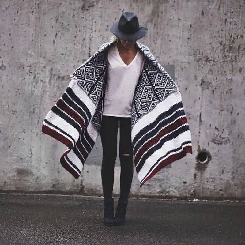 ^Cheap Women Autumn Long Sleeve Sweater Streetwear Casual Cloak Long Cardigans Geometric Print Patchwork Knitted Outwear ^Cheap Women Autumn Long Sleeve Sweater Streetwear Casual Cloak Long Cardigans Geometric Print Patchwork Knitted Outwear