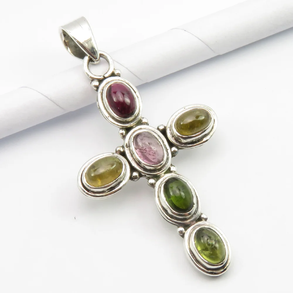 

Natural Yellow, Pink, Green Oval Tourmaline Pendant 5.1 Grams Pure Silver