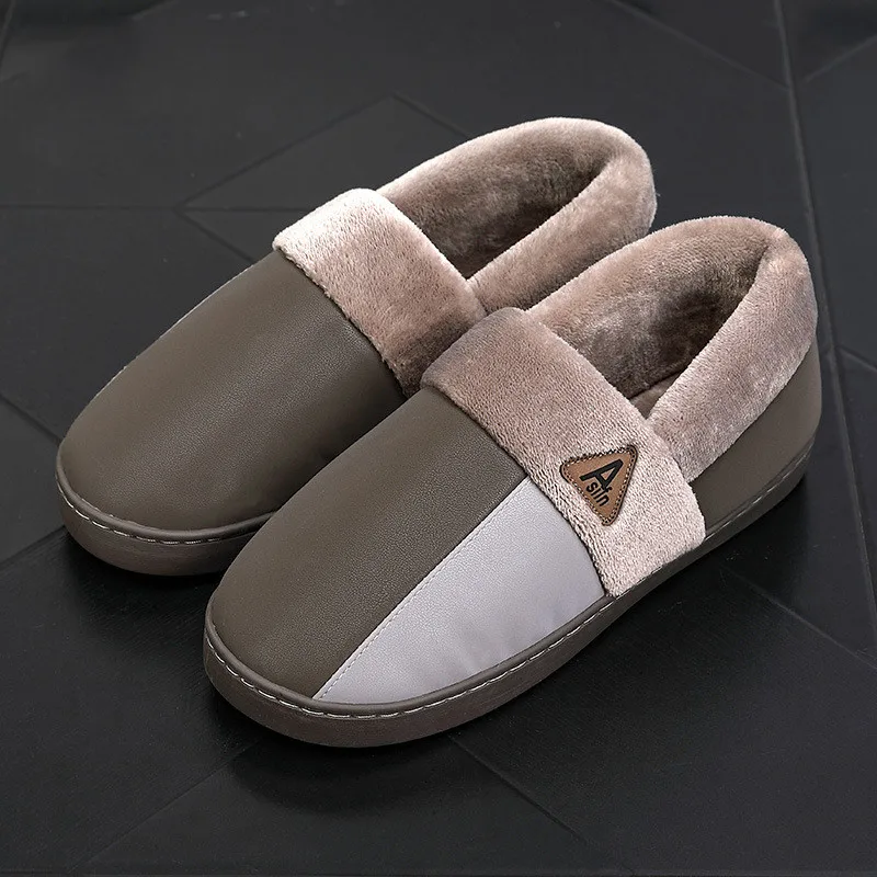 Suihyung/женские кожаные тапочки; зимняя теплая хлопковая обувь с искусственным мехом; домашняя обувь для влюбленных; домашние тапочки; мужские плюшевые тапочки из искусственной кожи - Цвет: Темно-серый