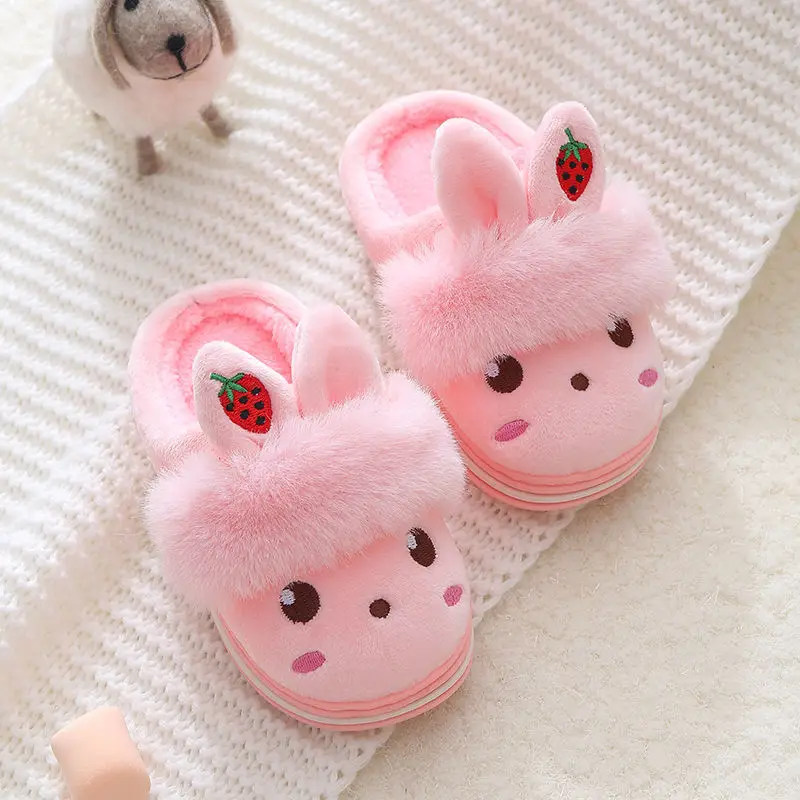 

Pink girls indoor fuzzy slides children home slippers unisex cute cartoon flat home winter shoes toddler slippers