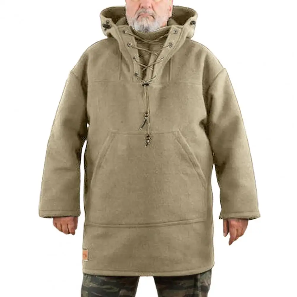 

Hooded Sweatshirt Solid Color Front Pockets Pullover Hoodie Woolen Lace Up Hooded Men Sweatshirt Cosplay Costume