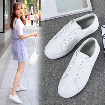 

Women Vulcanzied Woman Sneaker Comfortable Flats Lace Up Ladies Student Genuine Leather White Shoes Sewing Soft Footwear 35-40
